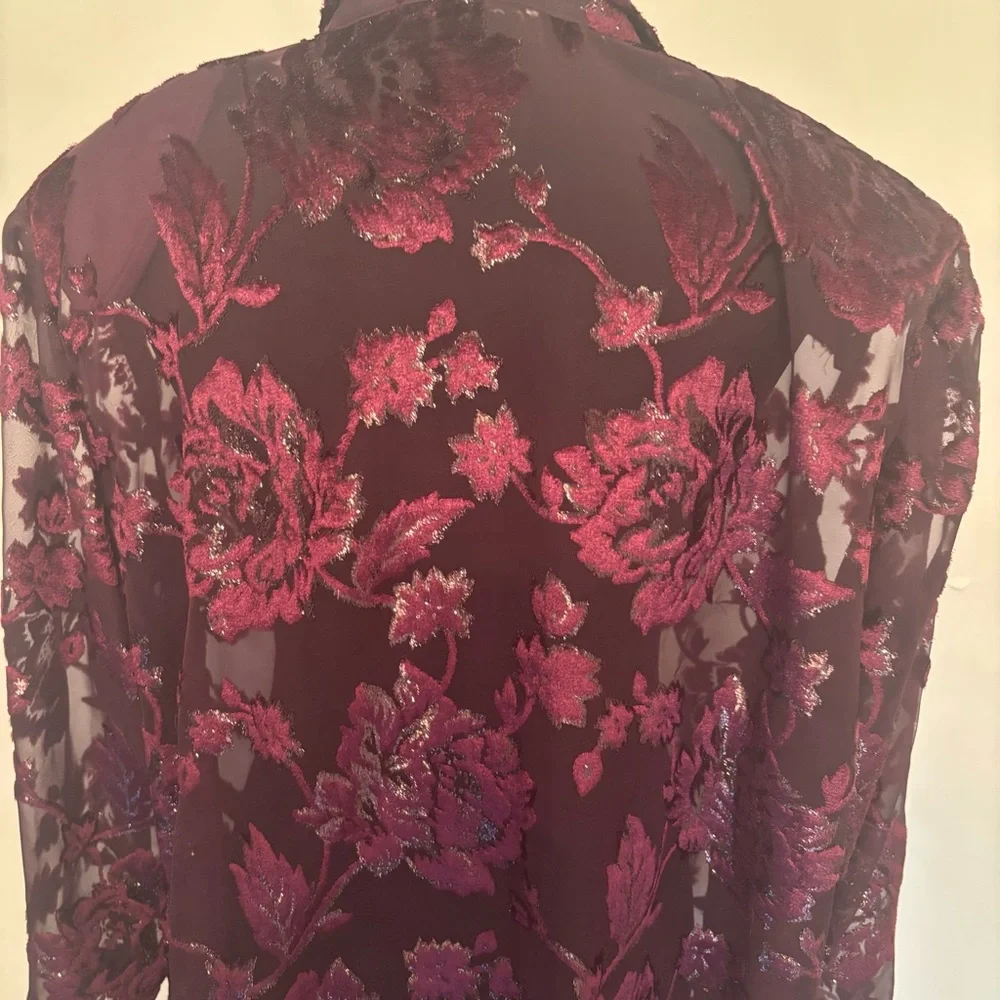 Burgundy Purple Burnout Velvet Floral Button Up Sheer Shirt Top 2X Whimsigoth - Picture 9 of 13